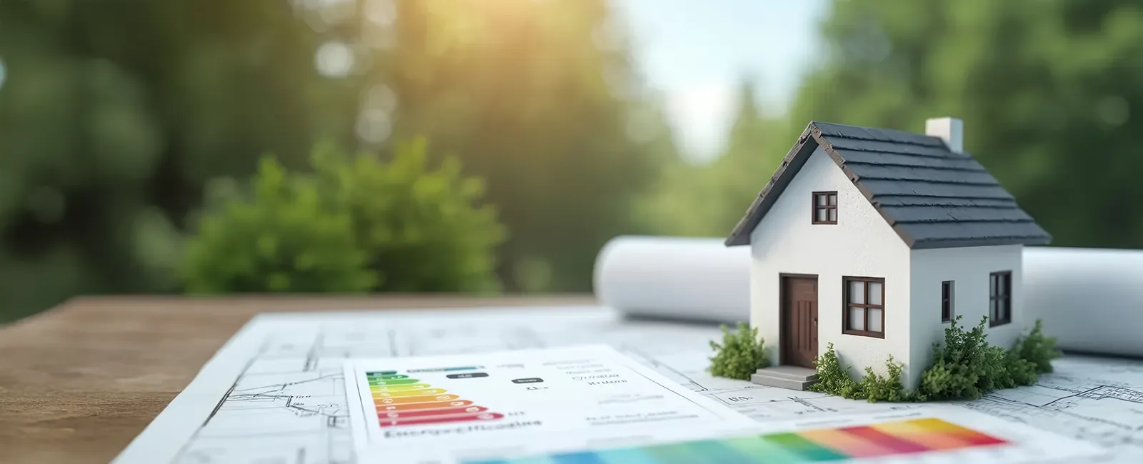 Kleines Hausmodell auf Bauplänen und einem Energieausweis